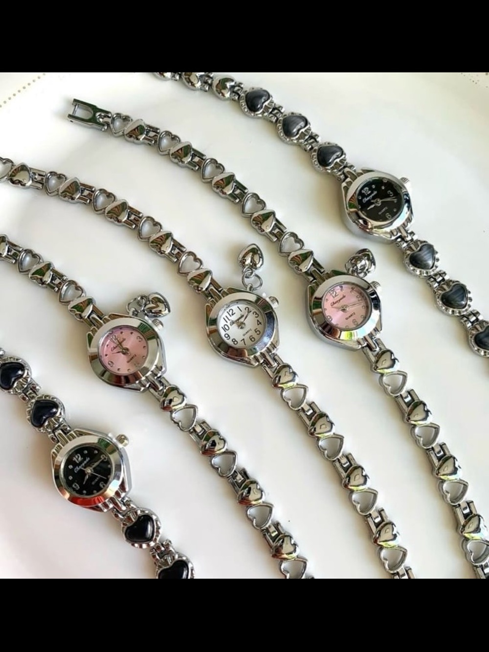 Women's Heart Link Bracelet Watch - Silver with Black or Pink Dial